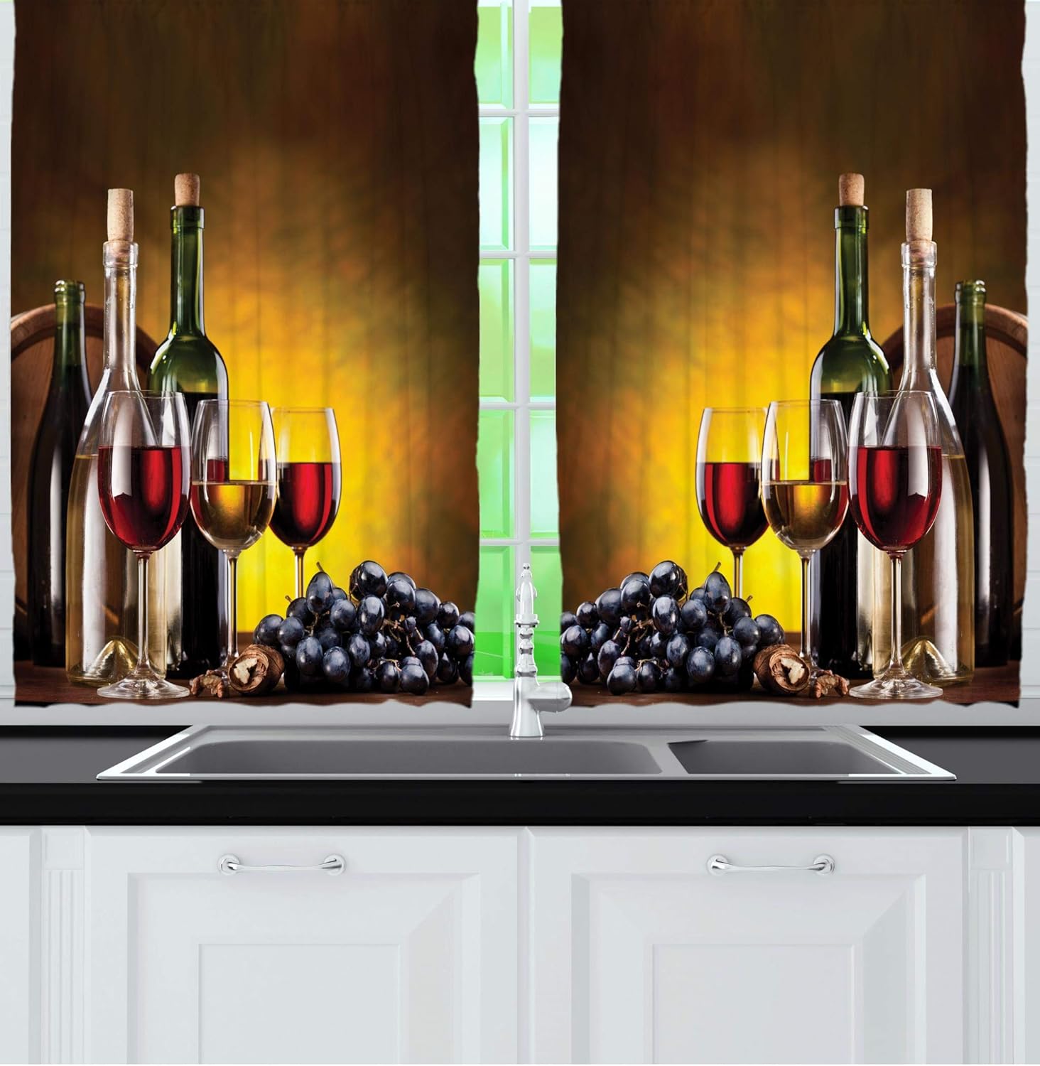 Amazon Com Ambesonne Wine Kitchen Curtains Grapes Wine Bottles