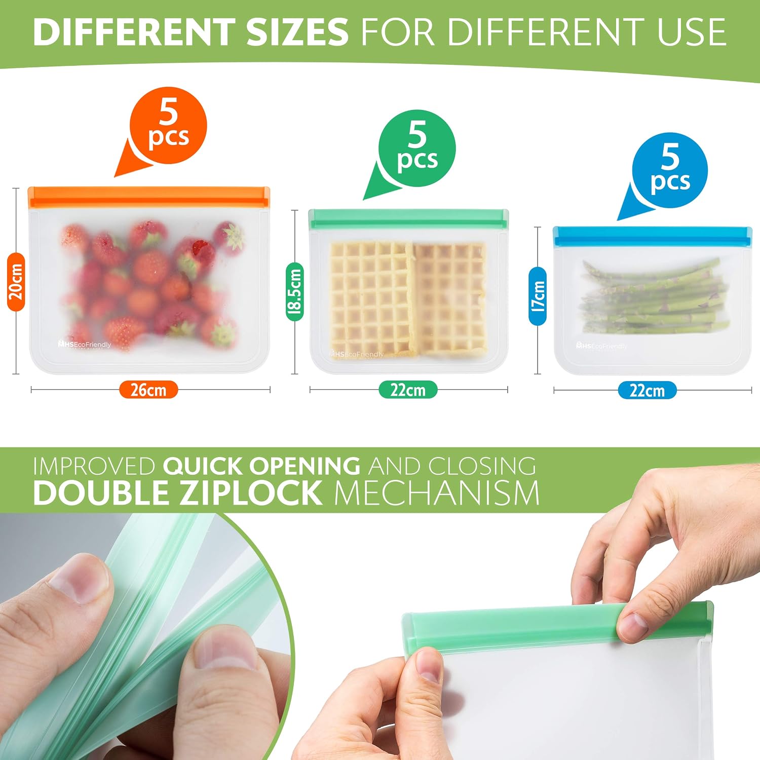 MHSEcoFriendly® Reusable Freezer Bags 15-Pack, Multicolour, 15-Bags (3 Sizes: M, L, XL) - Image 4