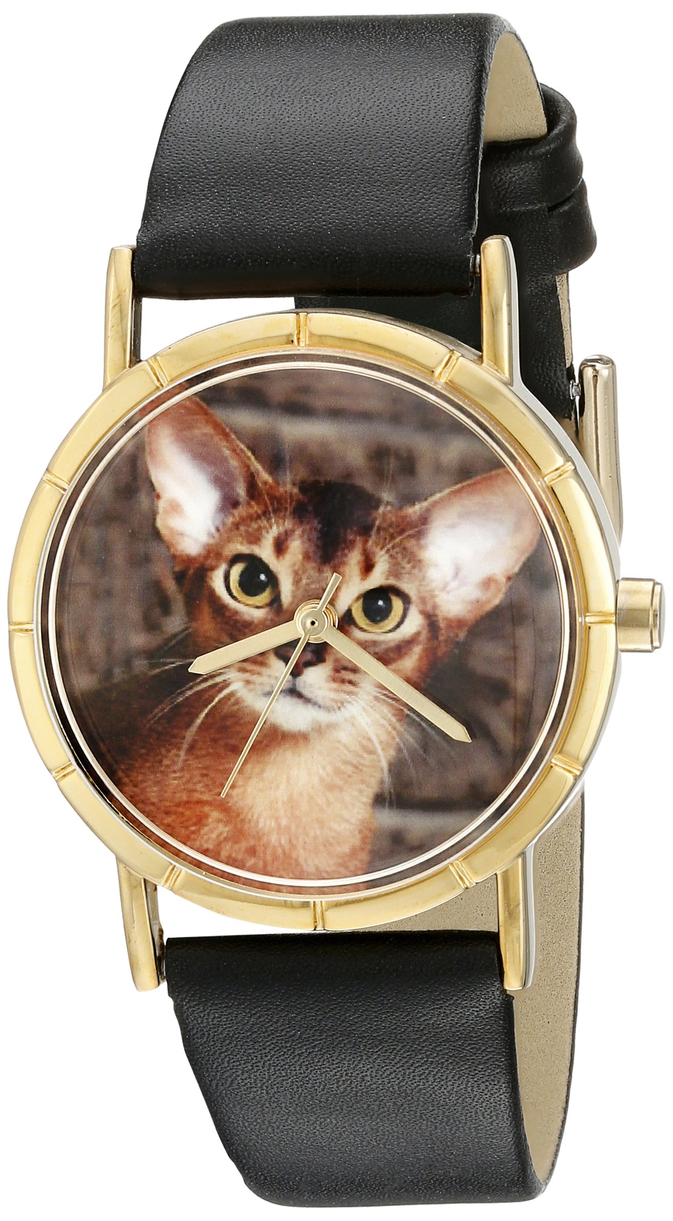 Whimsical Watches Abyssinian Cat Black Leather and Goldtone Photo Unisex Quartz Watch with White Dial Analogue Display and Multicolour Leather Strap P-0120033