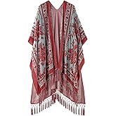WeHello Women's Burnout Velvet Kimono Long Cardigan Cover Up With Tassel