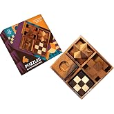 BSIRI 4 in 1 Wooden Brain Teaser Puzzles for Adults - Challenging 3D Desk Wood Puzzles Set Interlocking Hand Games for Mind Toys Suits for Rustic Patio Decor Unique Gift Office Decoration