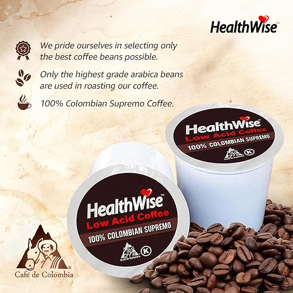 HEALTHWISE LOW ACID COFFEE K-CUPS – SOOTHE ACID REFLUX & HEARTBURN, GENTLE ON SENSITIVE STOMACHS, EASES DIGESTIVE DISCOMFORT – CLASSIC COLUMBIAN SUPREMO (UNFLAVORED) – 12 COUNT (PACK OF 1)