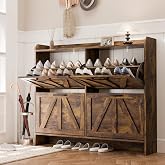 MU Shoe Storage Cabinet with 4 Flip Drawers, Freestanding Shoe Cabinet, Shoe Organizer with Wood Legs for Entryway, Slim Shoe