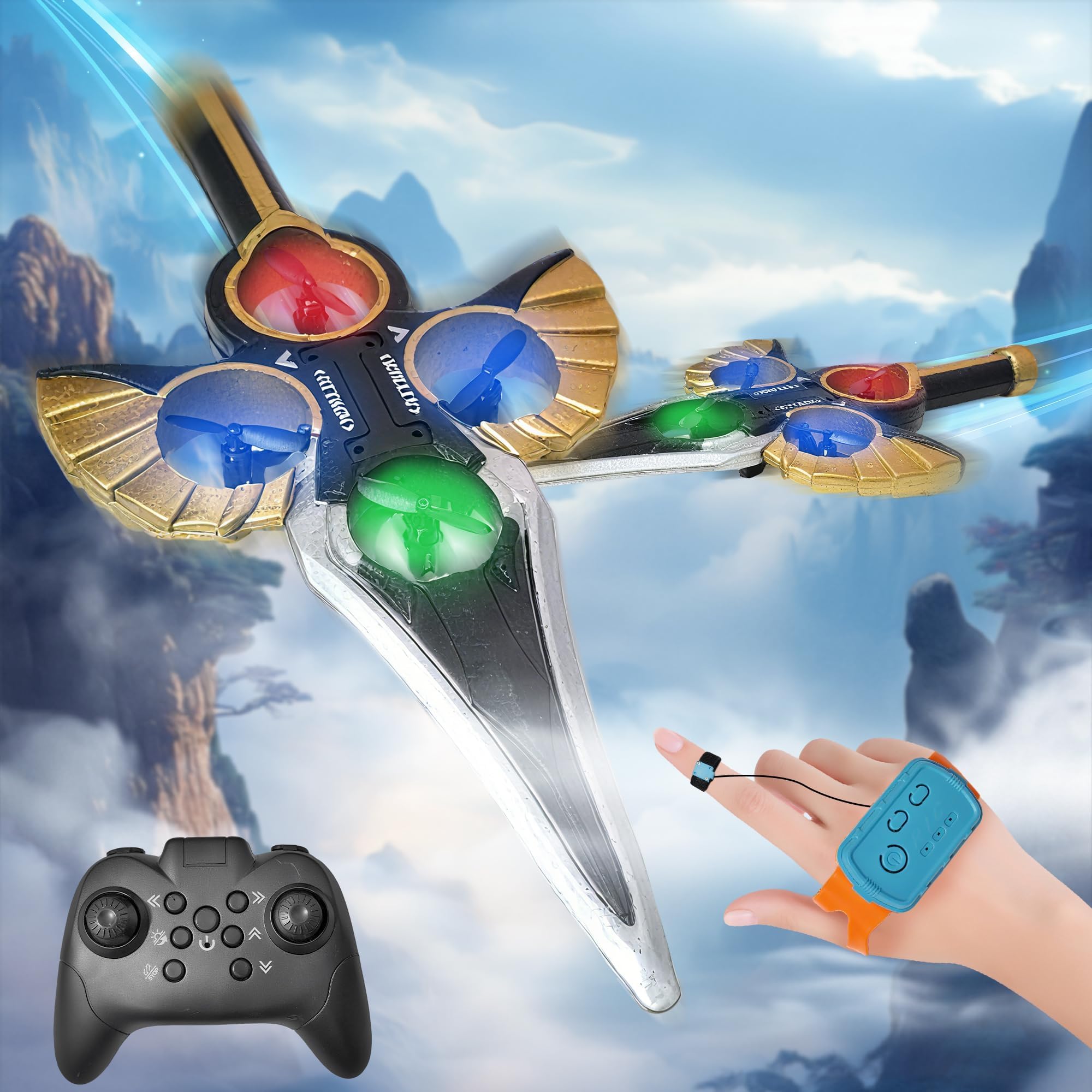 Virellia Flying Sword RC Airplane, Gesture Control Airplanes for Kids Adults 8-16, Remote Control Planes with Light, 360° Flip Fighter Jet Toy, Gravity Sensing, Stunt Roll, Gifts for Kids Boys Girls
