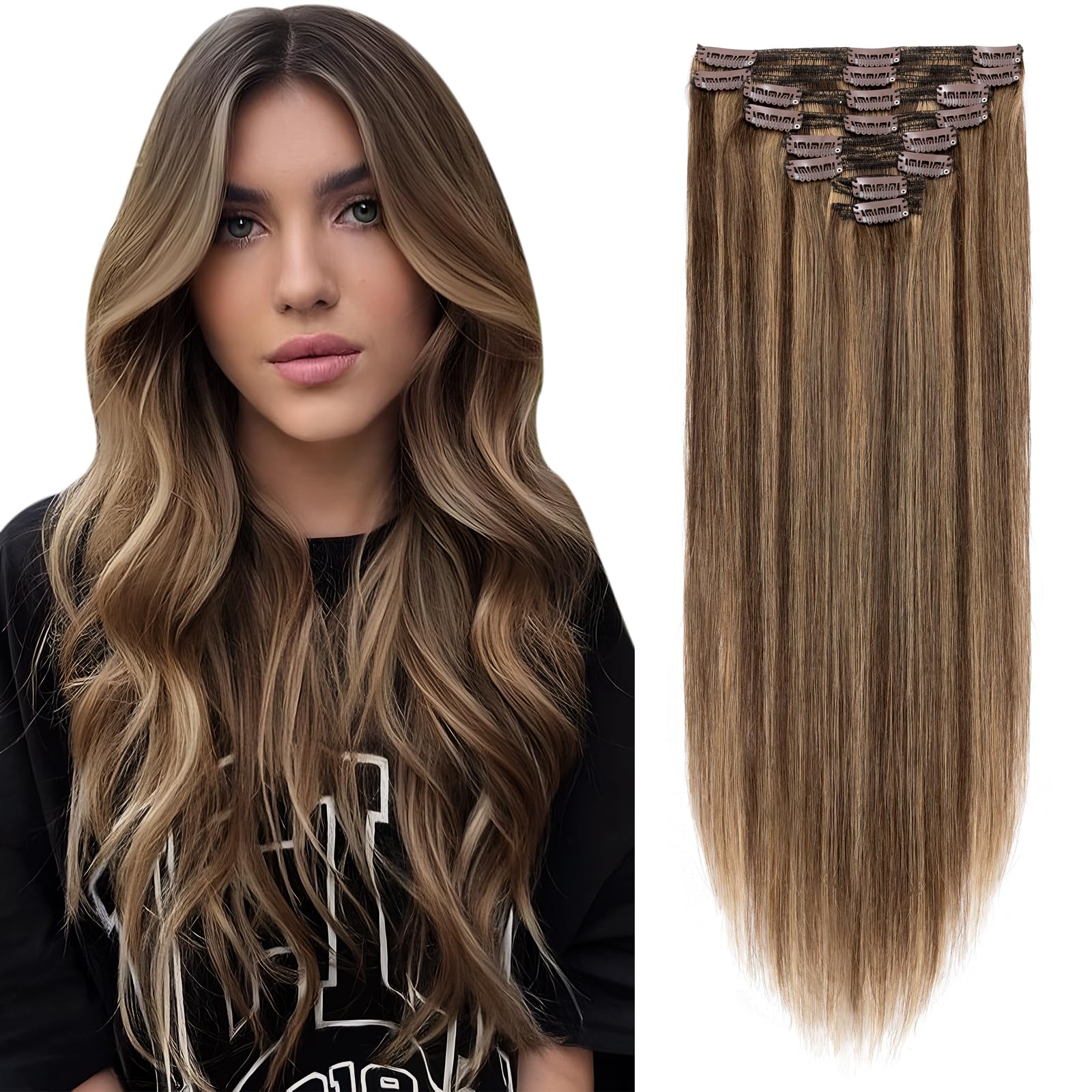 Elailite Hair Extensions Real Human Hair Clip in Thick Double Weft Remy Natural Hair - 8 Pieces Full Head Straight - #4/27 Medium Brown Mix Dark Blonde - 12 Inch (115 g)