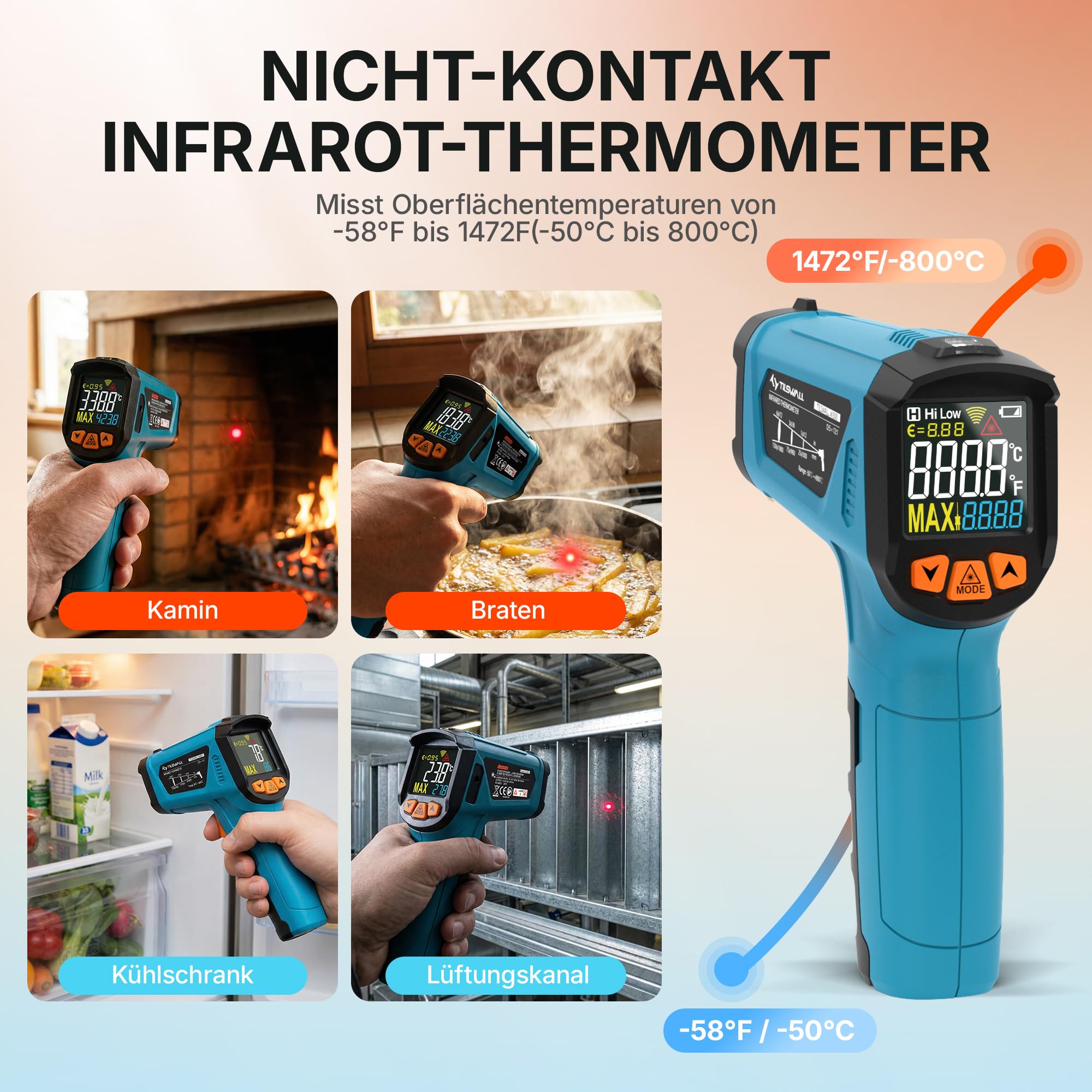 Infrarot Thermometer(nicht für Menschen) -50°C bis 800°C Tilswall IR Digital Laser Temperaturmessgerät mit Kochen LCD Display für Kochen/Barbecue/Pizza Oven/Gefrierschrank/Industrie 3