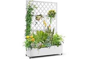 FENCY Metal Planter Box with Diamond Lattice Trellis Planter Box for Climbing Plants/Vines, Galvanized Raised Garden Bed On Wheels, Garden Bed with Trellis(73"x47" White)