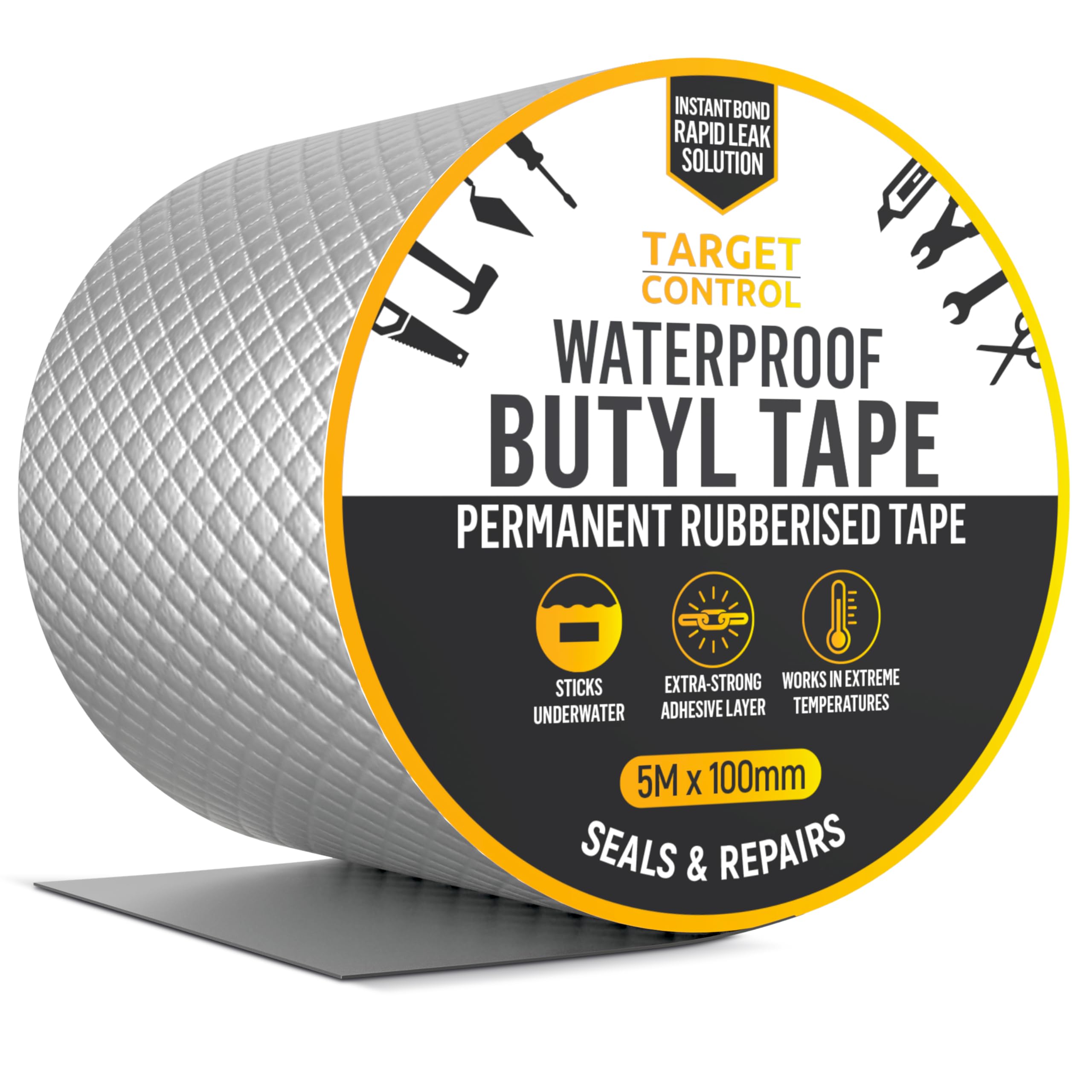 Target Control Butyl Tape Waterproof | 5M X 100MM | Heavy Duty Roofing & Roof Felt Repair Tape, Silver Flashing Sealing Tape for Outdoor Roof, Shed & Gutter Repairs
