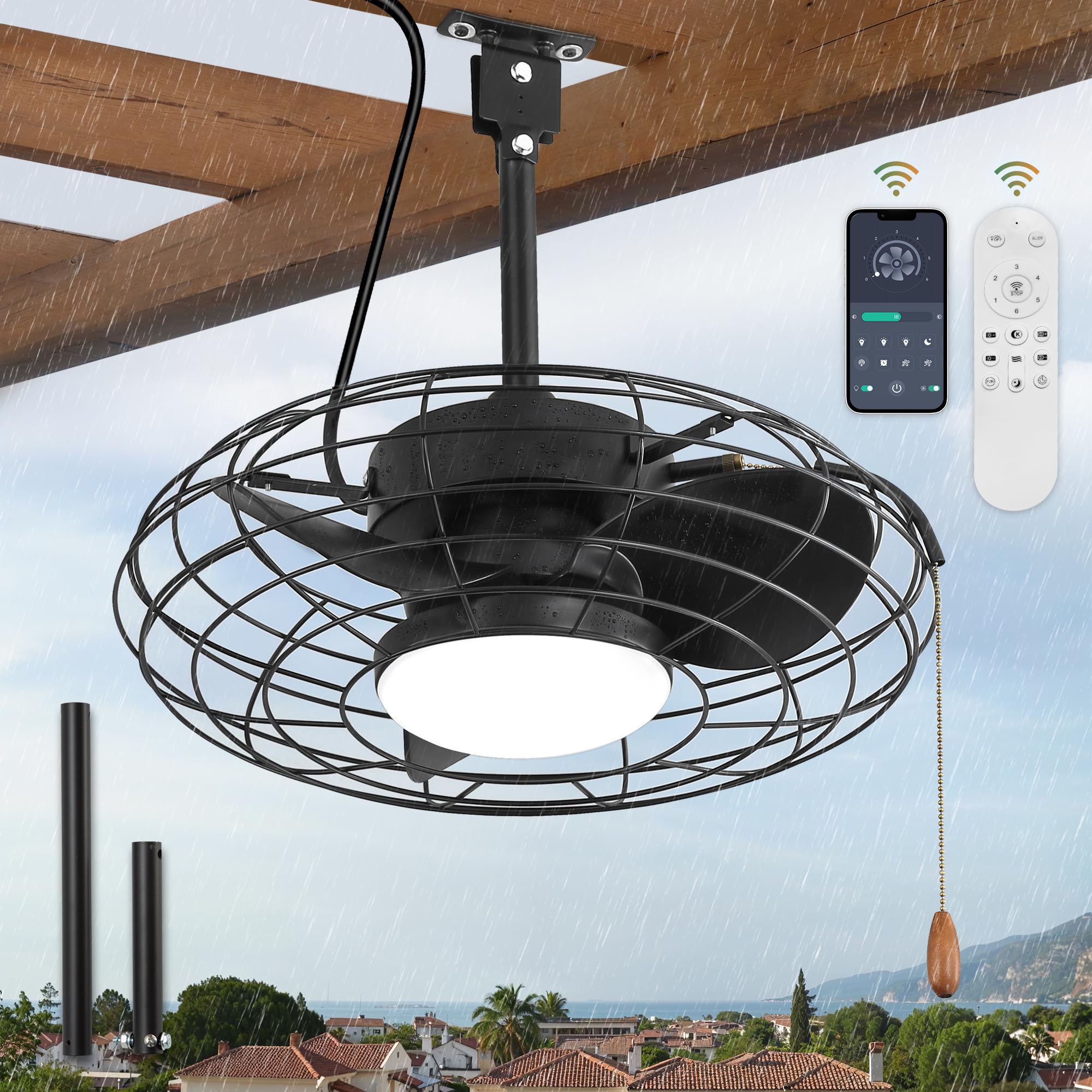 Photo 1 of ZMISHIBO Outdoor Ceiling Fans with Light for Patios,Waterproof Gazebo Fan with Remote Control Smart App,3CCT Dimmable,Plug in Caged Ceiling Fan with Pull Chain for Porch Pergola,Black