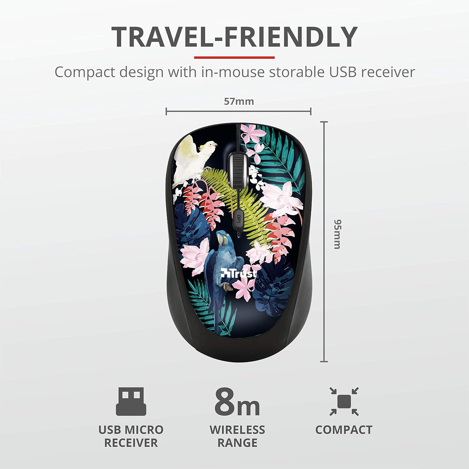 Trust YVI Wireless USB Compact Mouse for Computer and Laptop 800-1600 DPI, Parrot - Image 5