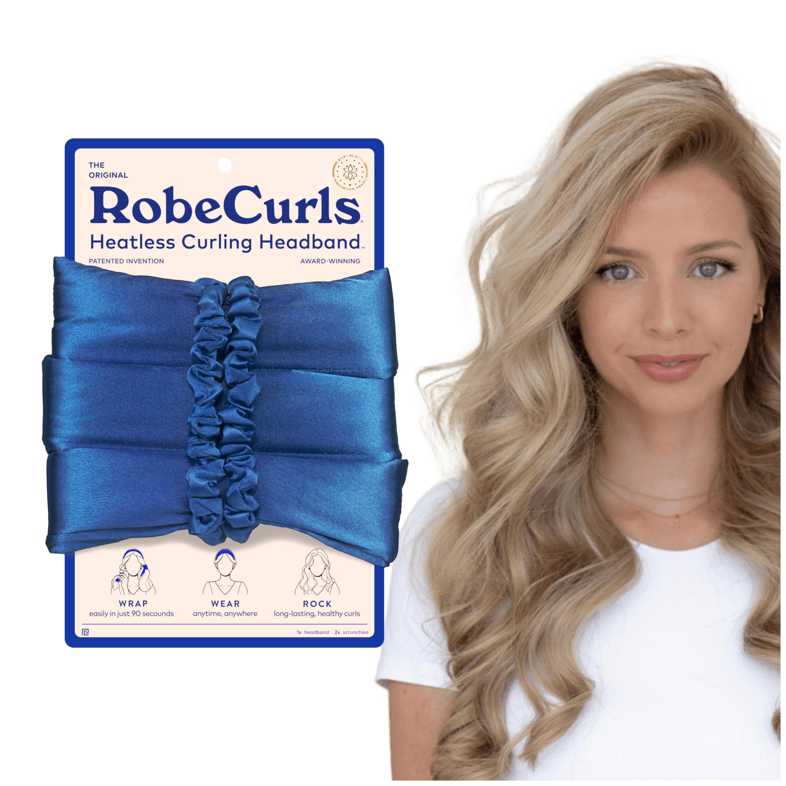 RobeCurls Heatless Hair Curler Set - Satin Curling Headband for No-Heat Curls - Sleep in Overnight Styling Tool with 2 Scrunchies - Easy & Gentle on Hair (Cobalt)
