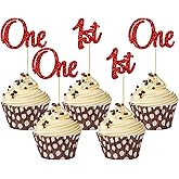 Gyufise 24Pcs 1st Birthday Cupcake Toppers Glitter First Birthday One Cupcake Picks for Baby Shower 1st Birthday Party Cake Decorations Supplies Red