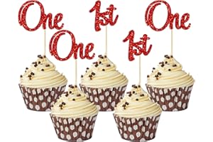 Gyufise 24Pcs 1st Birthday Cupcake Toppers Glitter First Birthday One Cupcake Picks for Baby Shower 1st Birthday Party Cake Decorations Supplies Red
