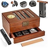 SEMKONT Cigar Humidor, Vintage Lock & Accessory Drawer Cedar Wood Humidor, Recessed Hygrometer Glass Top Desktop Cigar Box, with Humidifier, Cigar Lighter and Dropper,Hold 20-35 Cigars