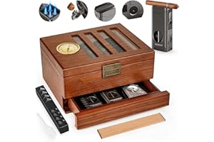 SEMKONT Cigar Humidor, Vintage Lock & Accessory Drawer Cedar Wood Humidor, Recessed Hygrometer Glass Top Desktop Cigar Box, with Humidifier, Cigar Lighter and Dropper,Hold 20-35 Cigars(Brown, Large)