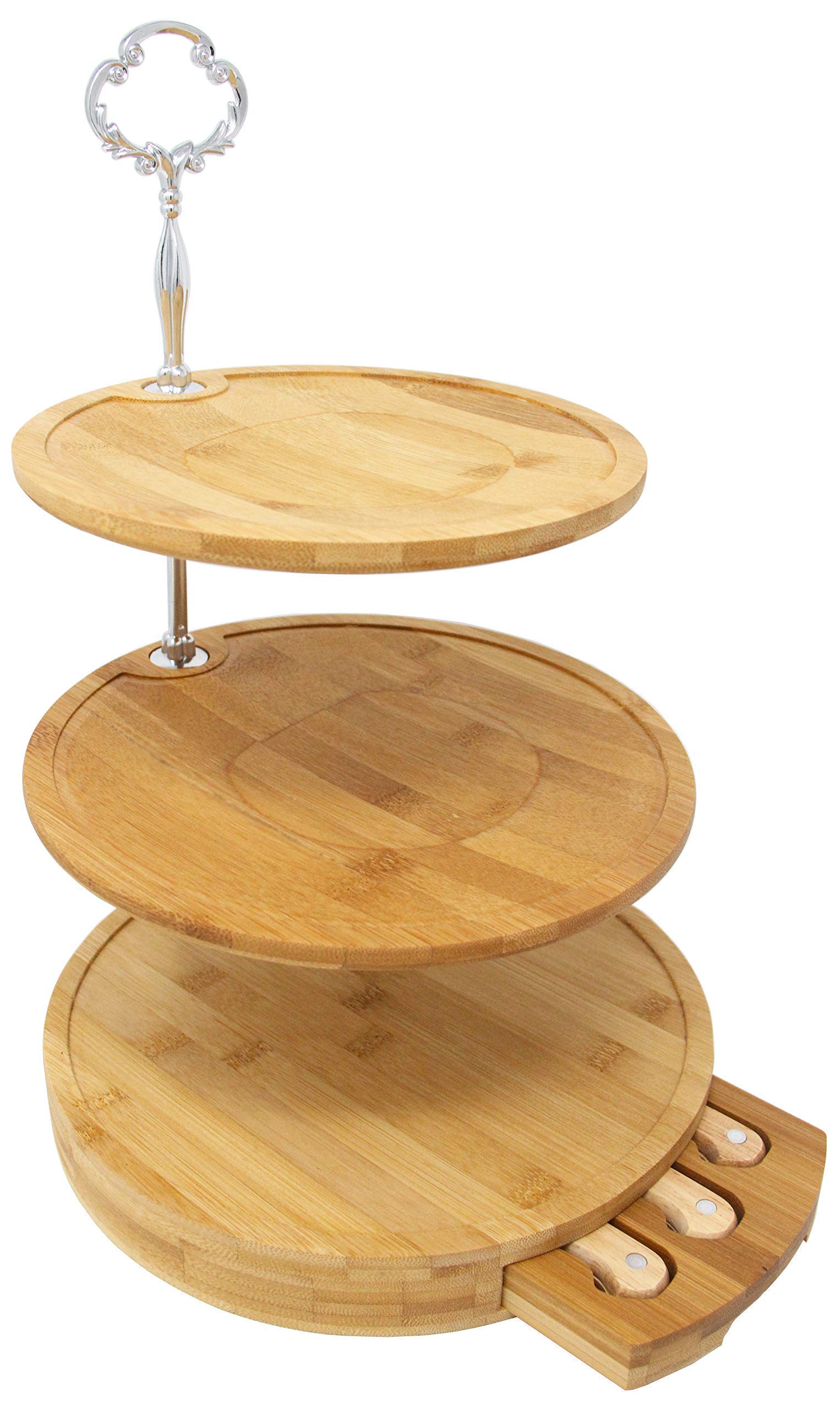 Cheese Board 3 Tier Bamboo Cheese tray and Knife Set Sturdy Setup, 10