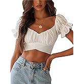 LYANER Women's Ruffle Short Sleeve Tie Up Back Crop Top Off Shoulder Bardot Blouse