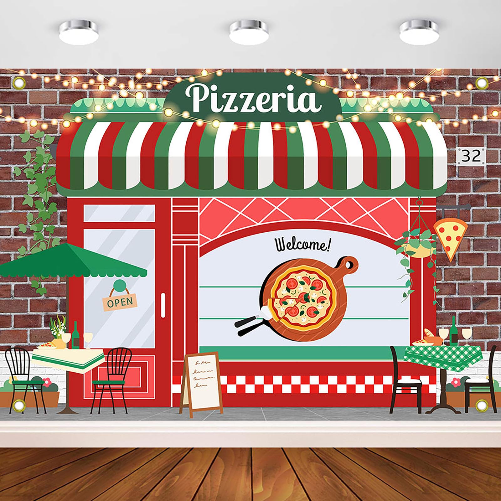 Photo 1 of Avezano Pizza Shop Backdrop Pizza Party Food Newborn Baby Birthday Party Decorations Boys Girls Cooking Theme Vintage Pizzeria Shop Birthday Baby Shower Newborn Party Background (7x5ft)
