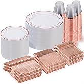 Goodluck 600 Pieces Rose Gold Disposable Plates for 100 Guests, Plastic Plates for Party, Wedding, Dinnerware Set of 100 Dinner Plate, 100 Salad Plates, 100 Spoons, 100 Forks, 100 Knives, 100 Cups