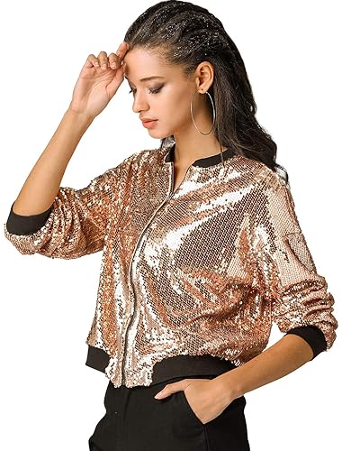 Allegra K Women's Sequin Jacket Bomber Long Sleeve Zipper Shiny Glitter  Tops Sparkly Party Slitter Outfit Large Rose Gold in Oman Whizz Women