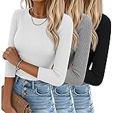 Ficerd 3 Pack 3/4 Sleeve Tops for Women, Cotton Knit Ribbed T Shirts Basic Slim Fit Stretch Tees Casual Crew Neck Shirts(Black, White, Light Gray,X-Large)
