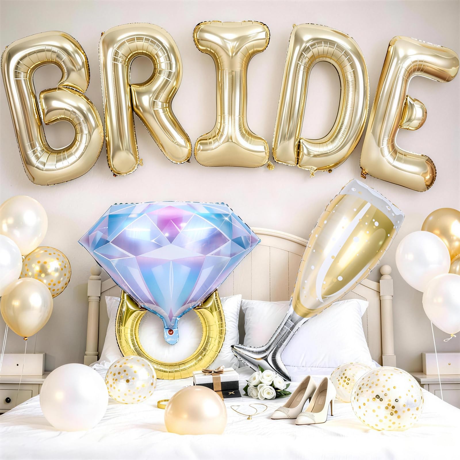 40inch Light Gold Bride Balloons with Engagement Diamond Ring Balloons Champagne Glass Foil Balloon for Bride to Be Bridal Shower Engagement Bachelorette Wedding Just Married Engaged Party Decorations