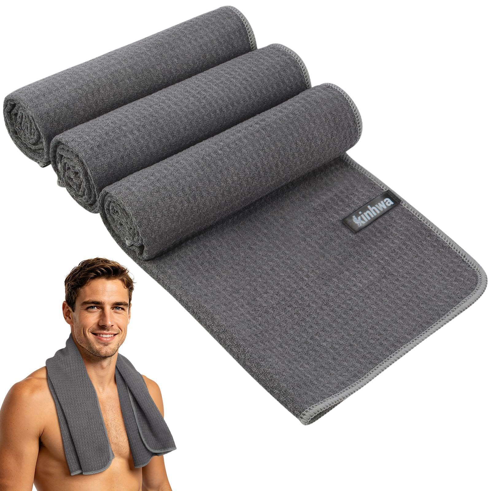 KinHwa Microfibre Gym Towels for Men Women Super Absorbent Sport Fitness Towels Fast Drying Towel for Yoga Camping Travel Hiking 3 Pack 40cm X80cm Grey