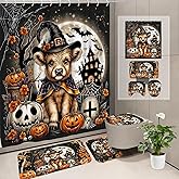 Aperturee Halloween Shower Curtain Set with 72x72 Inch Bath Mat, U-Shape Rug, Toilet Cover & 12 Hooks - Witch Calf Spooky Decor