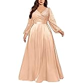 MISSMAY Women's Plus Size Sequins Lace Contrast Satin Wrap V-Neck Long Lantern Sleeve A-line Formal Maxi Dress
