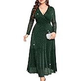 ZOMVA Plus Size Sparkly Maxi Dress V-Neck Wrap Long Sleeve A-Line Glitter Mesh Gown Wedding Guest Cocktail Evening Party