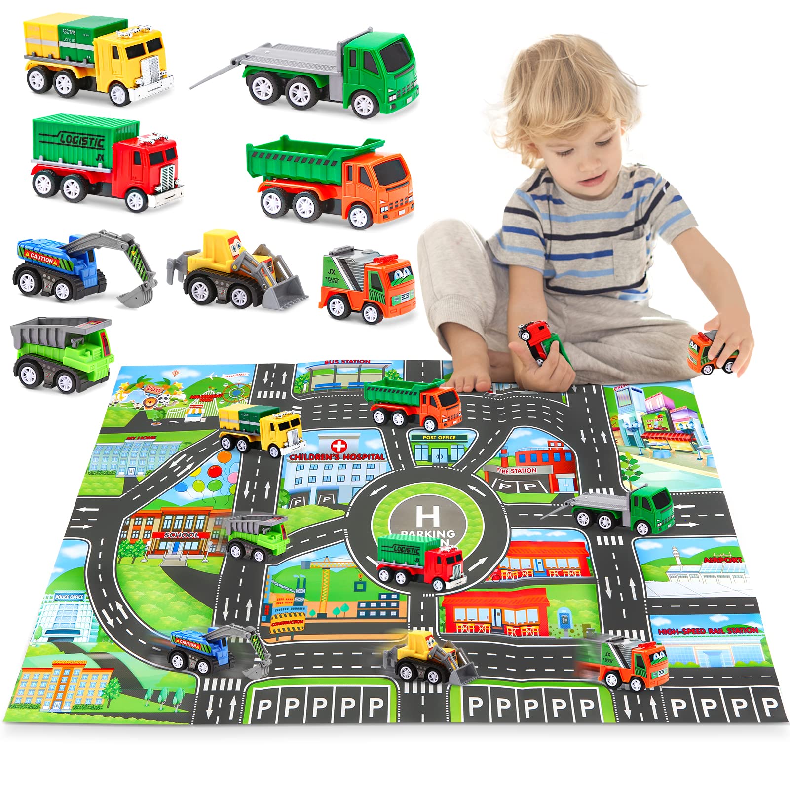 Sanlebi Mini Pull Back and Go Cars Model Trucks Play Vehicles Toy Set with Play Mat for Children Kids Toddlers Boys, Pack of 8