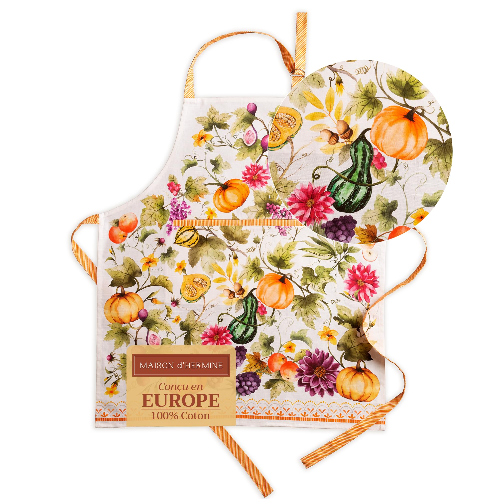 Maison d' Hermine 100% Cotton Apron for women with Pocket Kitchen Chef Autumn Apron for Men Cooking Gardening Server Waitress Maid - (Pumpkin Garden - Cloudy Cream, 85 cm x 70 cm) — image 1