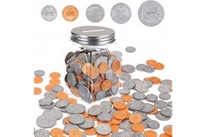 Mczxon Play Money Coins for Kids, 250pcs Detailed Fake Money Coins with Coin Jar, Realistic Teaching Pretend Fake Money Coins Set, Plastic Toy Prop Fake Money Coins for Kids Learning Education