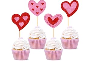 Cyodoos 24pcs Red Pink Glitter Heart Cupcake Toppers Valentine's Day Cupcake Picks Double Layer Heart Love Cupcake Toppers for Wedding Bridal Shower Party Decorations Supplies