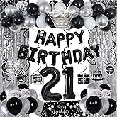 Black and Silver 21st Birthday Decorations for Him Her, 21 Birthday Party Decorations for Men Boys, Black Silver Happy 21st Banner Balloons Fringe Curtains Table Cloths Women
