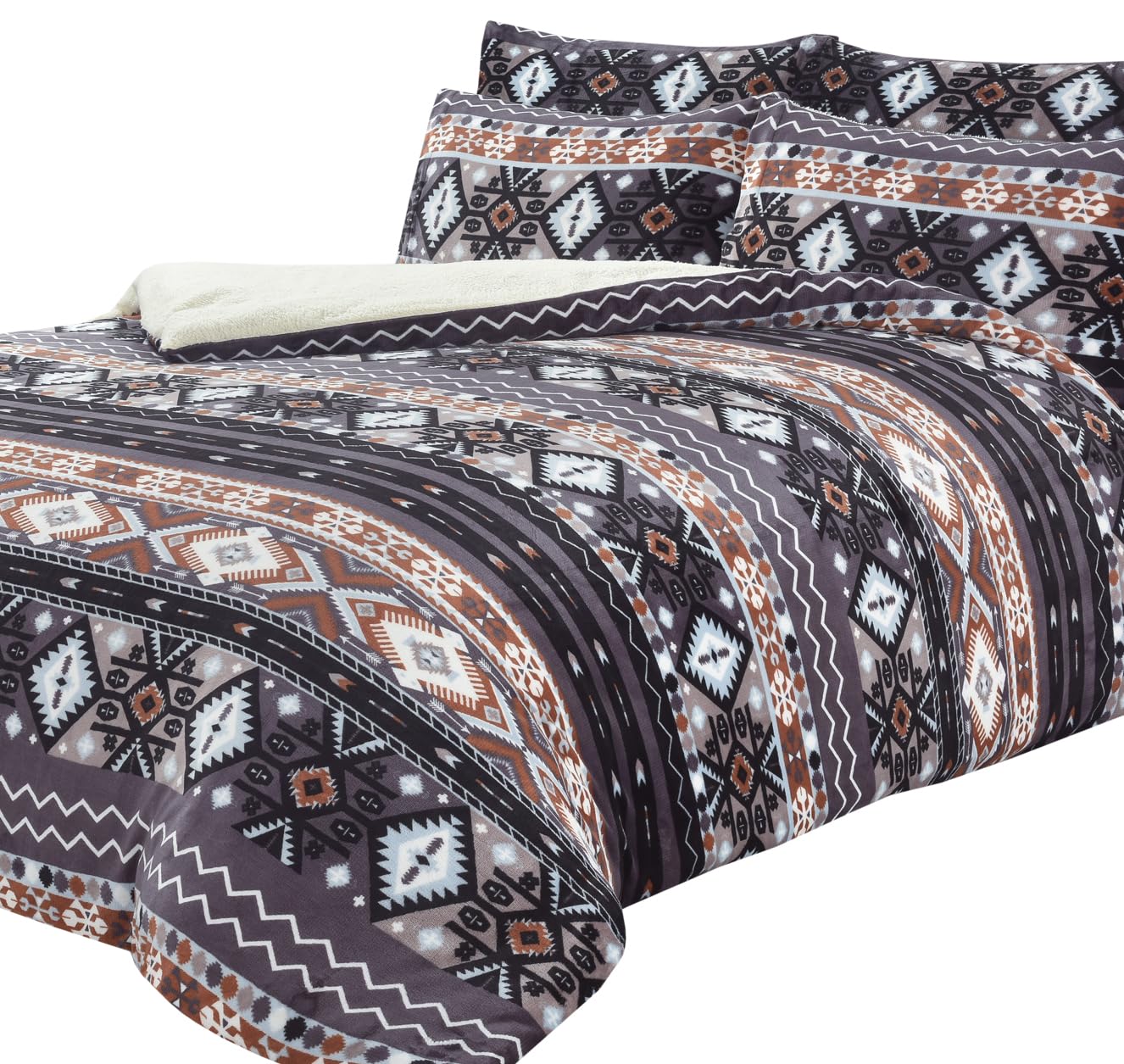 Olivia Rocco Aztec Teddy Fleece Duvet Cover Set With Pillow Cases Quilt Bedding Sets Easy Care Thermal Warm Cosy Super Soft Fluffy Comforter Bed linens, Single Grey