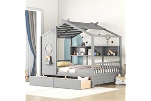 HUMEHA Full Size Bed Frames for Kids, House Bed with Window and Fence, Wood Platform Bed Frame with Drawers and Shelves, Playhouse Bed for Boys Girls, Gray, 78" L x 58" W x 72" H