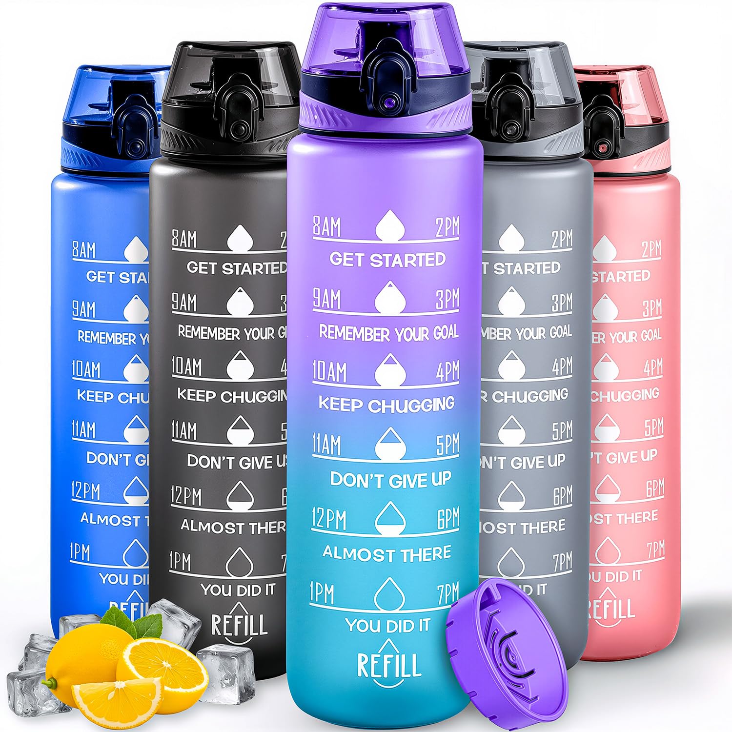 Active 100 Water Bottle 1L Sports Water Bottle With Time Markings, Dishwasher Safe Leak-Proof Water Bottles, BPA Free Non-Toxic Drinks Bottle For Running, Cycling, School & Gym (Purple Gradient) — image 1