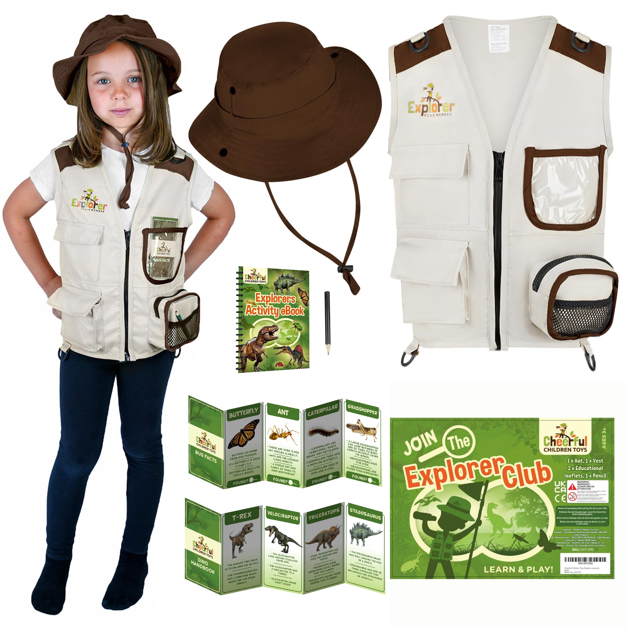 Cheerful Children Toys Kids Explorer Costume Kit including Safari Vest and hat plus Dinosaur and Bug Educational Handbooks. For Dress up, Outdoor Adventures and Role play. Suitable for 3-7 year olds.…