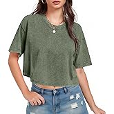 Womens Cropped Tops Acid Wash Short Sleeve T-Shirt Baggy Cotton Tee Vintage Round Neck Basic Tees Casual Shirts