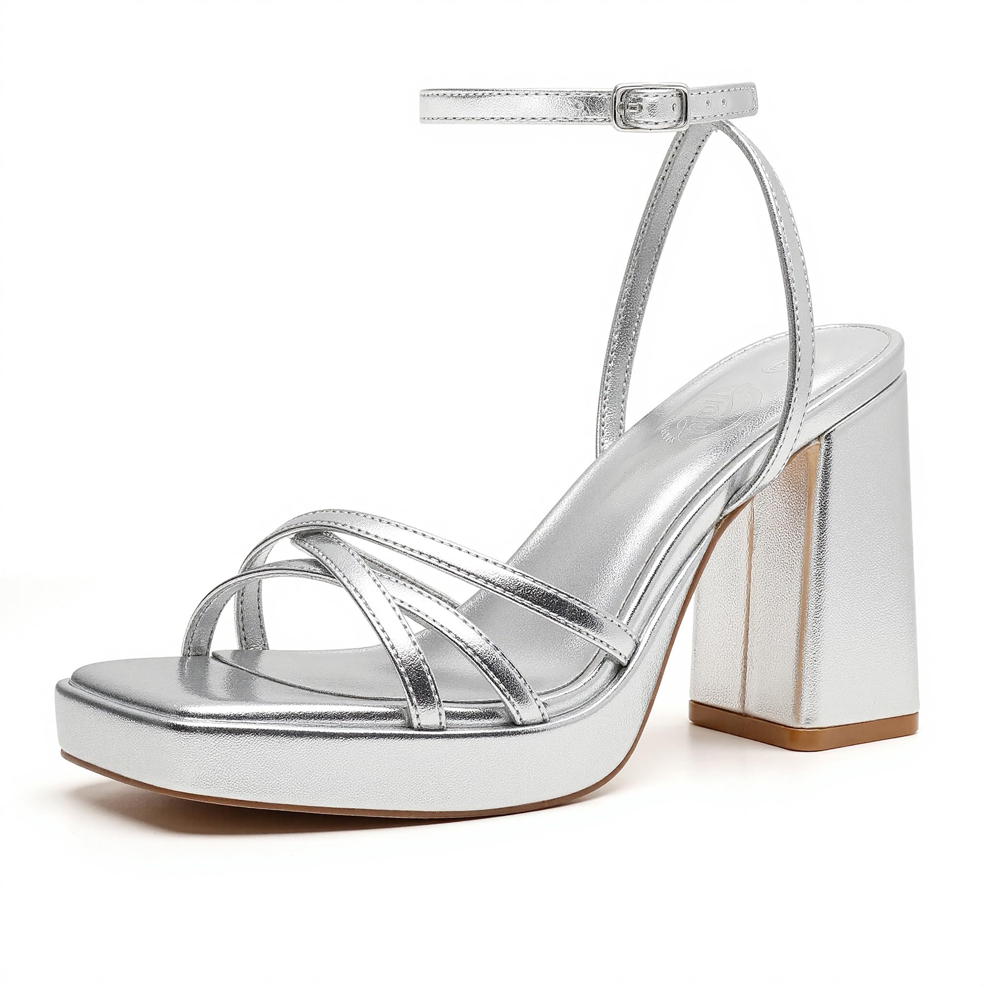 Photo 1 of Trary Platform Silver Heels for Women Square Open Toe Women's Cross Ankle Strappy Heeled Sandals 2025 Chunky Block High Heels 3 Inch Adjustable Buckle Comfy Dressy Y2K Shoes Party Wedding Bridal Prom