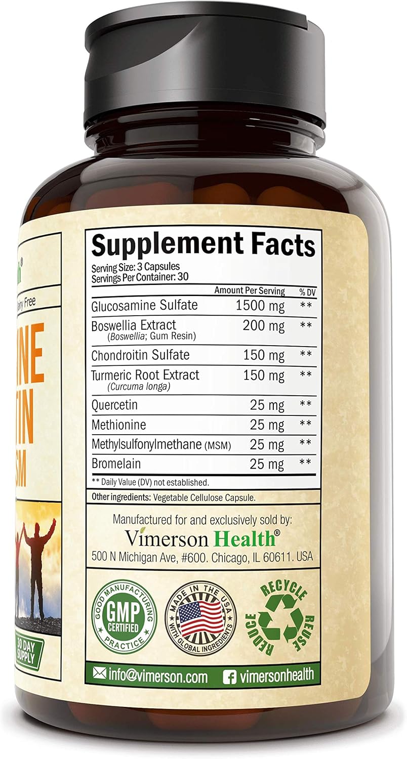 Glucosamine with Chondroitin Turmeric MSM Boswellia. Supports Occasional Joint Pain Relief. Helps Inflammatory Response, Antioxidant Properties. Supplement for Back, Knees, Hands. 90 Capsules: Health & Personal Care