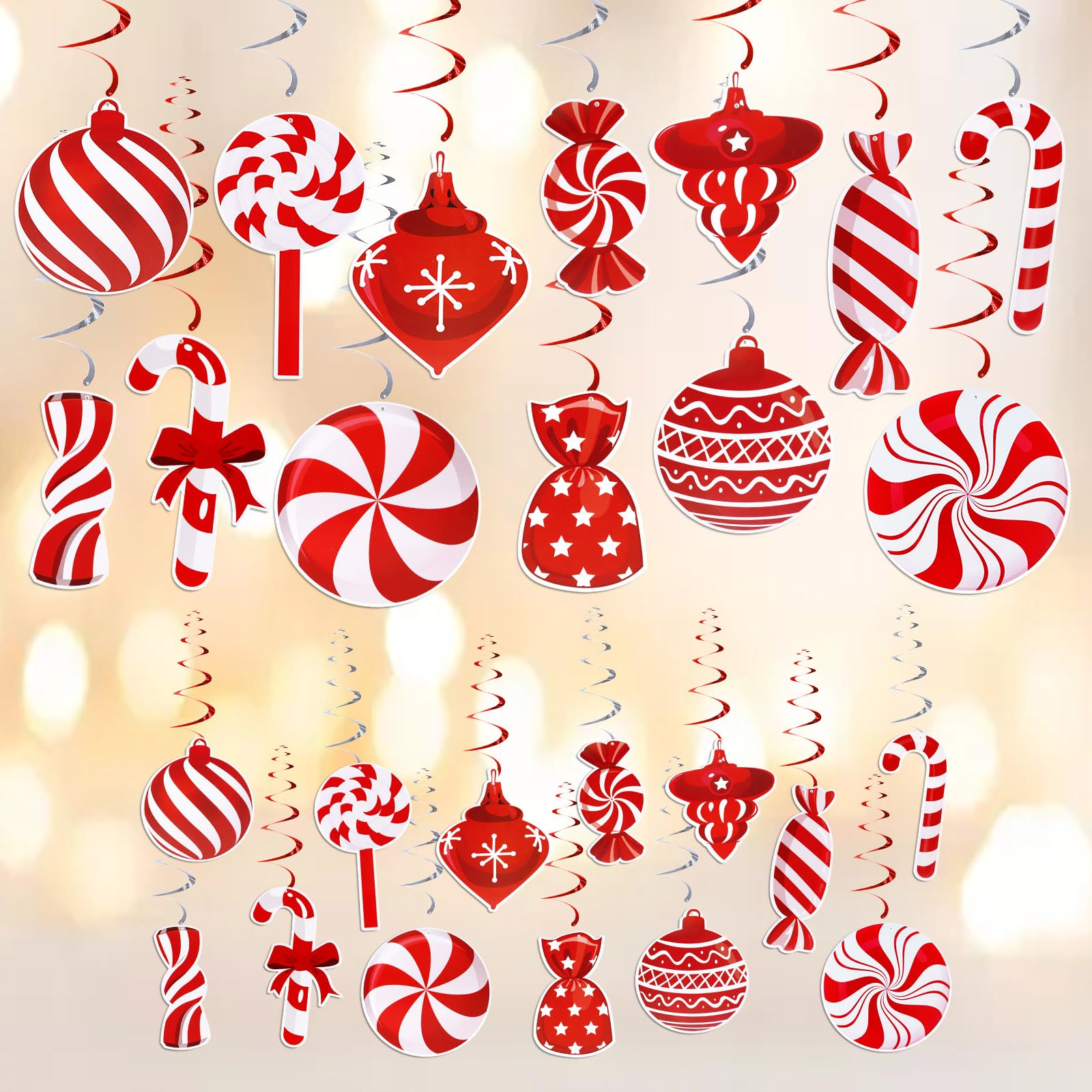 MOTONG 52PCS Christmas Ceiling Decorations Christmas Hanging Foil Swirl Candy Ceiling Decorations, Candy Them Hanging Christmas Decorations Indoor, Xmas Tree Ornaments for Holiday Party Supplies