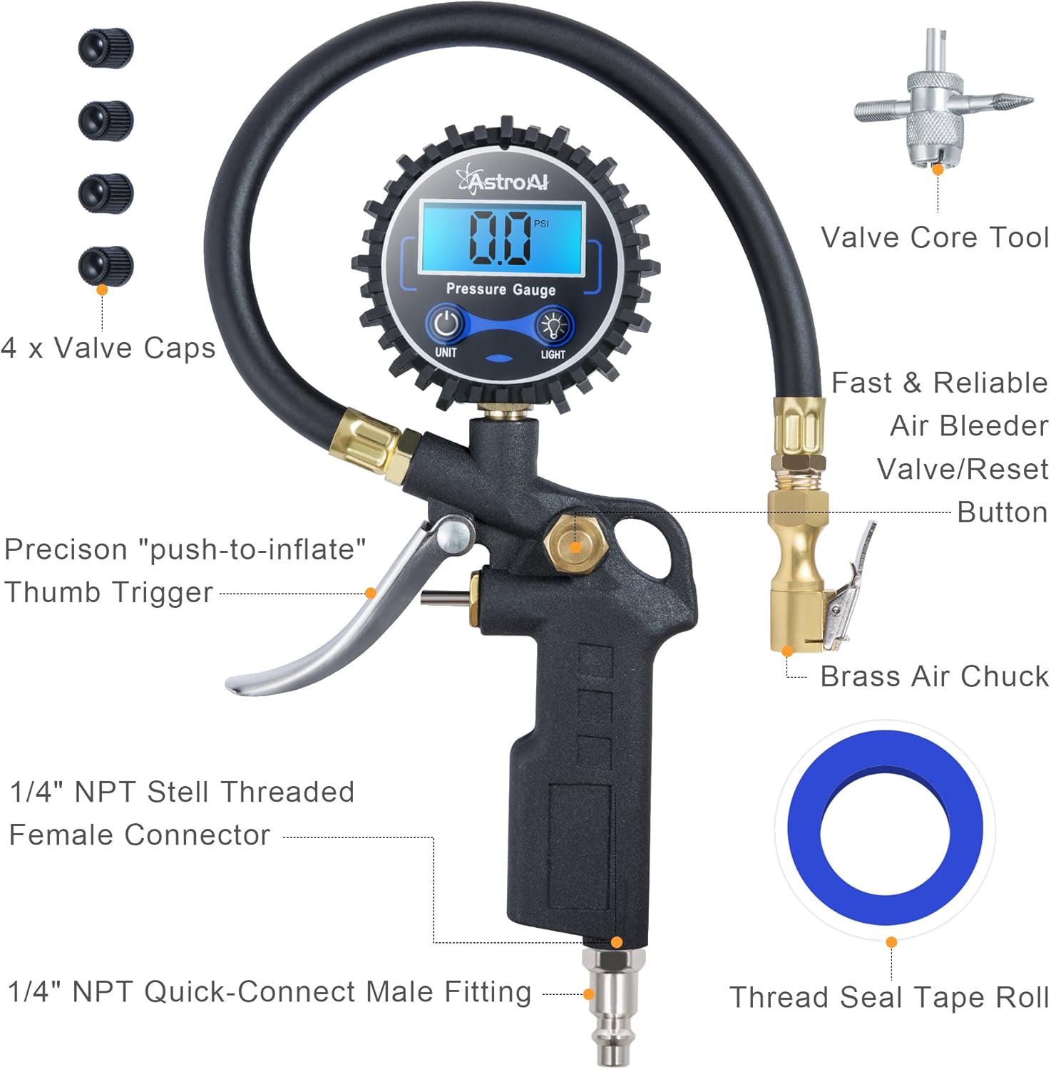 AstroAI Digital Tire Inflator with Pressure Gauge, 250 PSI Air Chuck and Compressor Accessories Heavy Duty with Rubber Hose and Quick Connect Coupler for 0.1 Display Resolution: Automotive