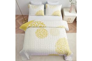 Bedmoon Yellow Floral Quilt Full/Queen, Lightweight Reversible Quilt Bedding Set, 3 Pieces Soft Bedspread, All Seasons Microfiber Coverlet Queen Size（Lily Flower）