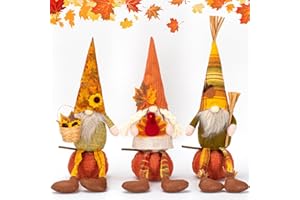unanscre Fall Gnomes Plush Elf Decoration - 3PCS Long Dangle Leg Thanksgiving Gnomes Hold Sunflower Basket Turkey Broom Sit on Pumpkin for Harvest Ornaments, Home Farmhouse Decor