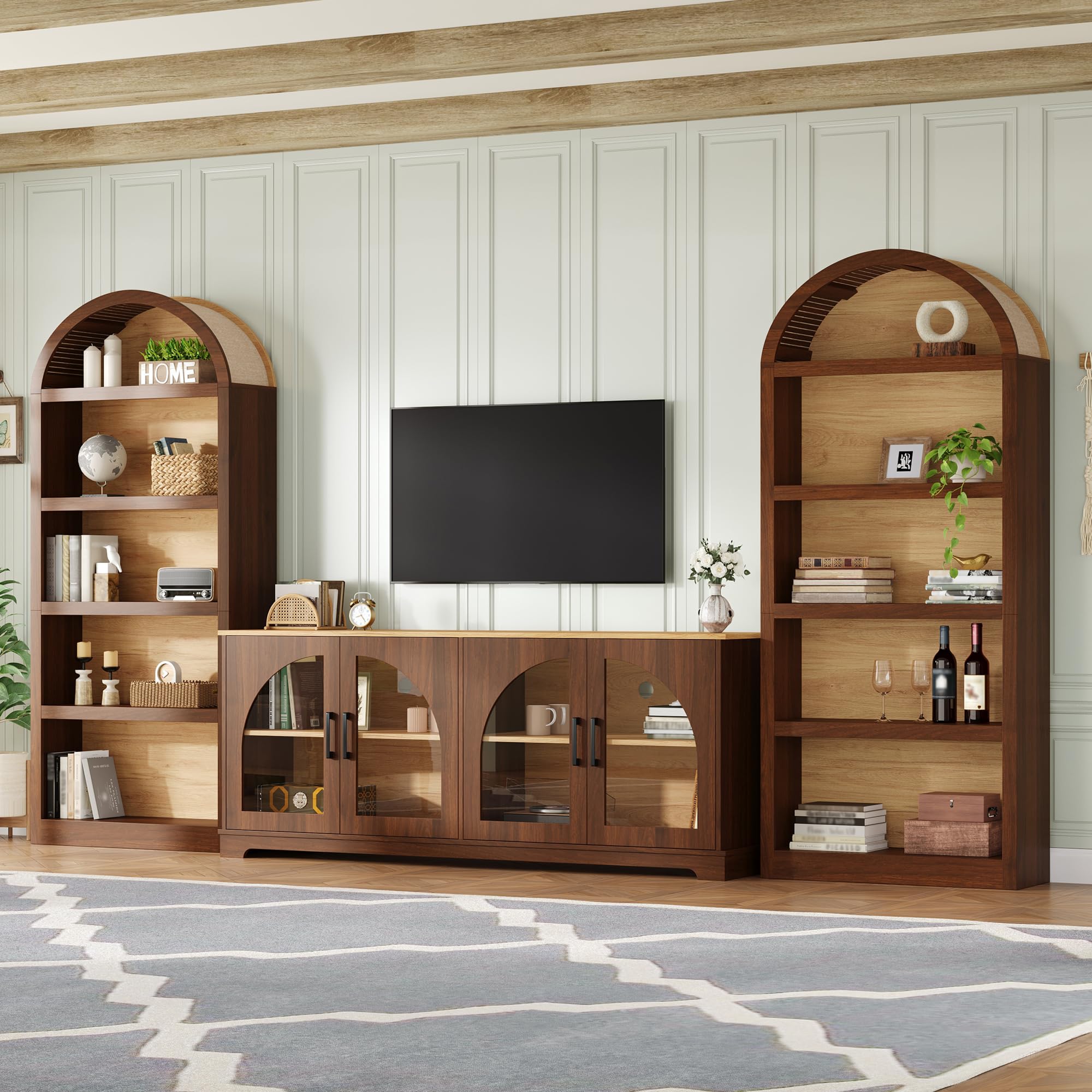 Photo 1 of ** tv stand only **SOLD FOR PARTS**  Merax Vintage Farmhouse TV Stand Set for TVs Up to 70" with Bookshelves, Two-Tone & Arched Design Entertainment Center with Tempered Glass Doors, 3-Piece Retro Media Console Sideboard, Walnut