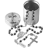 HanlinCC 6mm Hematite black stone beads Miraculous Rosary Necklace with Cross Metal Gift Box ofr Men and Women