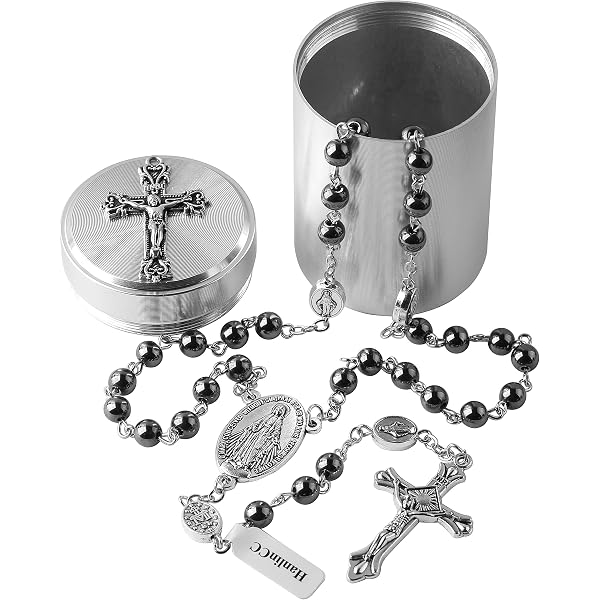 thumbnail image 2 of 24" Stainless Steel Black Beaded Rosary With Virgin Mary & Jesus Cross – Includes Gift Box 2 of 4
