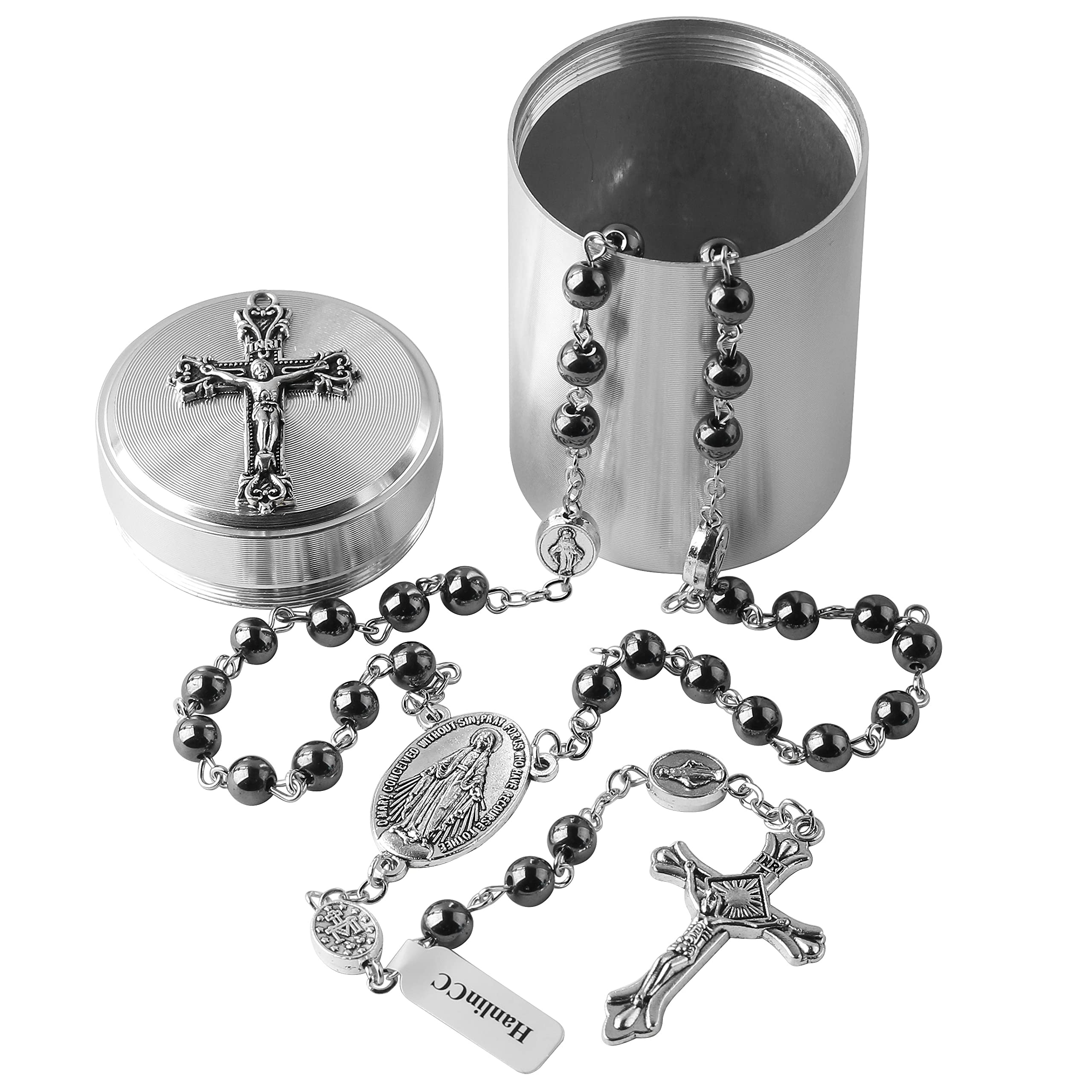 HanlinCC 6mm Hematite black stone beads Miraculous Rosary Necklace with Cross Metal Gift Box ofr Men and Women